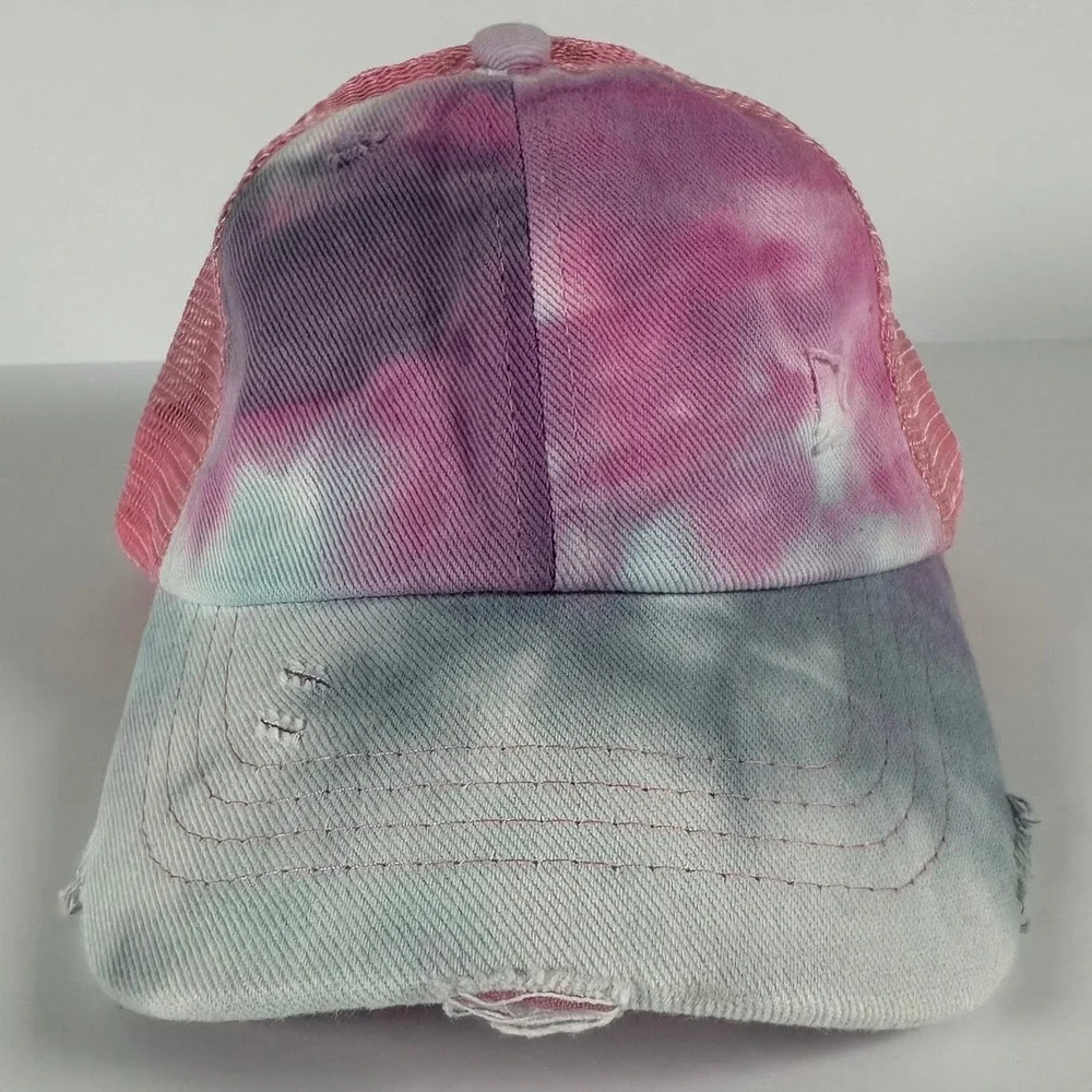 CC Kids Pink Tie Dye Distressed Baseball Cap Criss Cross‎ Ponytail Trucker Hat